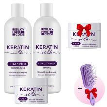 Intensywna kuracja naprawcza uszkodzonych włosów KERATIN SILK: Szampon, Odżywka, Maska + maska i szczotka W PREZENCIE!