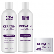 LŚNIĄCA BOMBA DO WŁOSÓW!  Intensywna kuracja naprawcza uszkodzonych włosów KERATIN SILK: Szampon, Odżywka, Maska