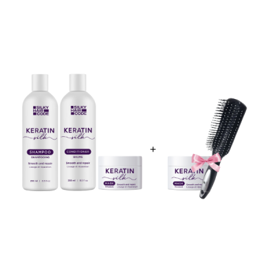 Intensywna kuracja naprawcza uszkodzonych włosów KERATIN SILK: Szampon, Odżywka, Maska + maska i szczotka W PREZENCIE!